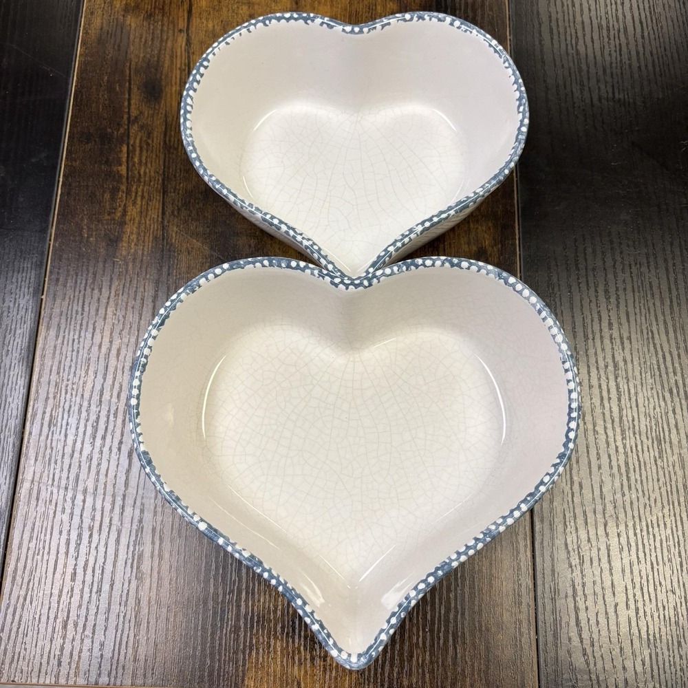 Jay Import Heart Shaped Ceramic Bowls Set of 2 Cream Crackle Glaze Blue Trim